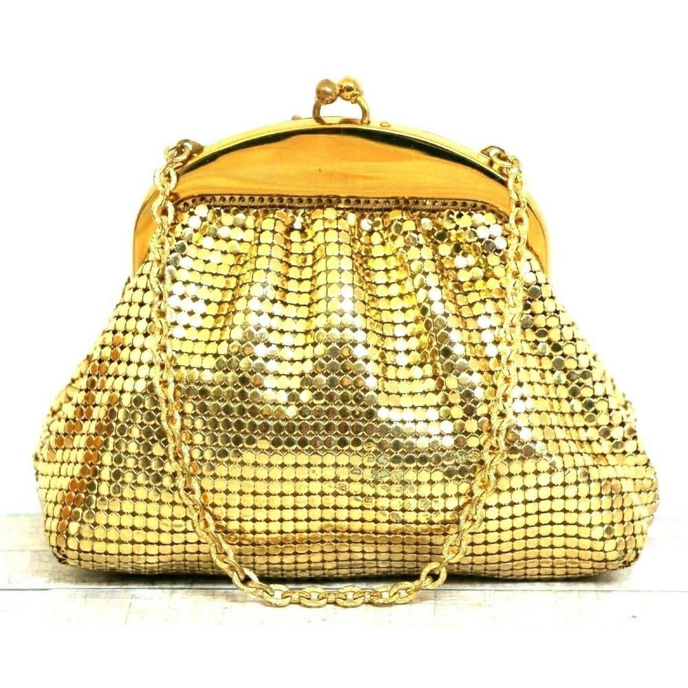 Whiting & Davis GOLD MESH FRAME KISS LOCK CHAIN STRAP MINI PURSE HANDBAG WALLET